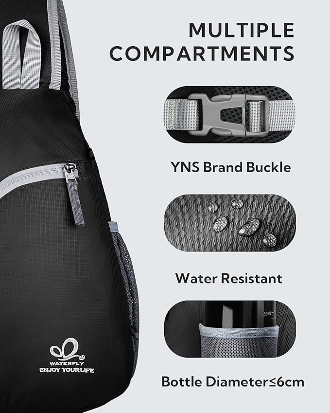 WATERFLY Crossbody Sling Bag Small Water Resistant Backpack Lightweight Shoulder Chest Daypack for Men Women Hiking Travel