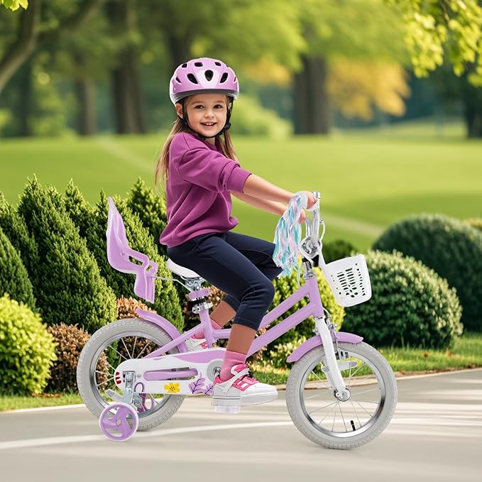 BABY JOY Kids Bike, 12 14 16 18 Inch Children Bicycle w/Detachable Training Wheels, Storage Basket, Adjustable Seat & Handlebar, Bow or Streamer, Girls Bike for 3-8 Years Old