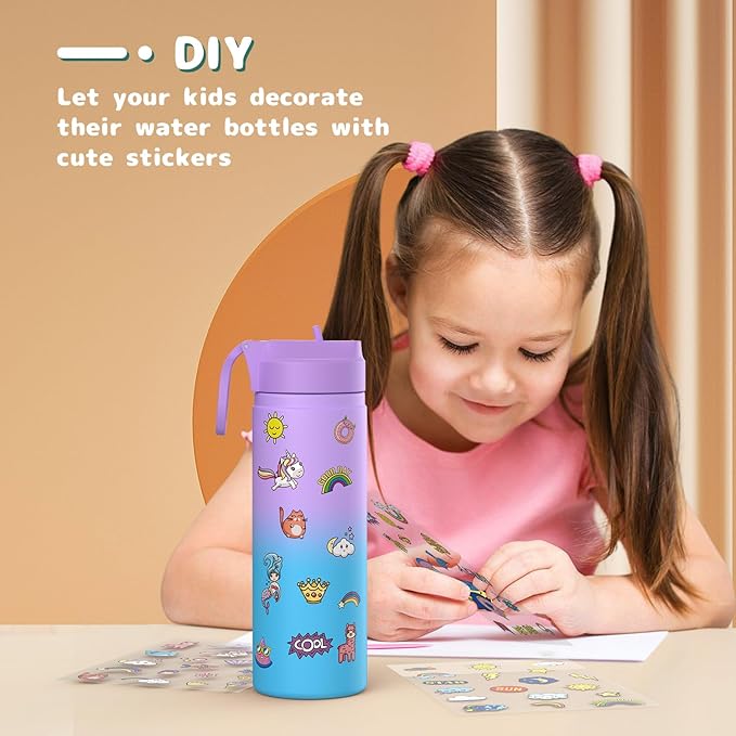 Kids Water Bottle, 2-Pack 20oz Water Bottles with Stickers and Straw, Stainless Steel Vacuum Insulated cup, Kids Water Bottle for School, Gifts for Boys and Girls(Purple/Green)