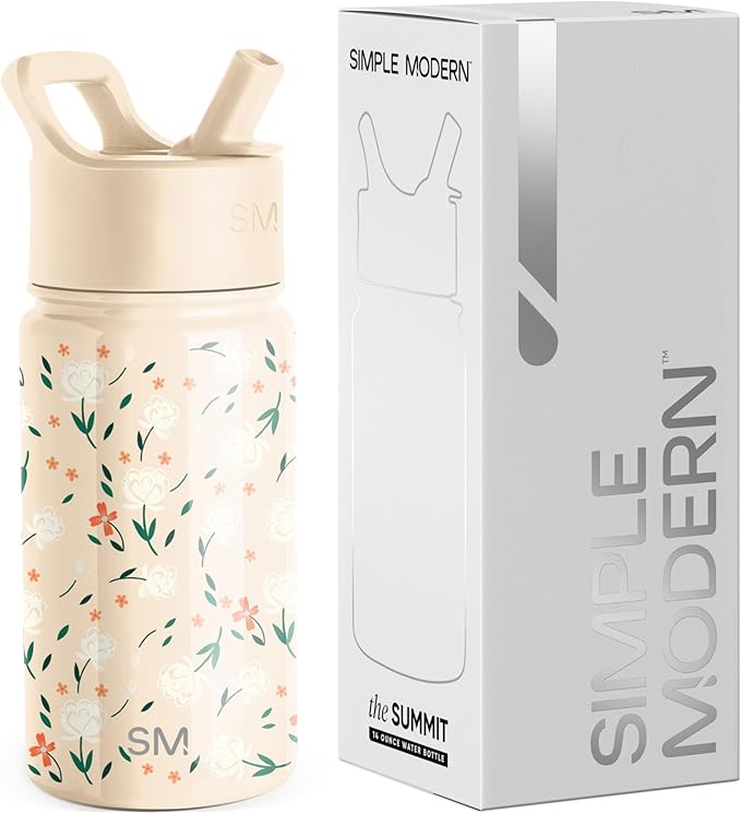 Simple Modern Kids Summit Water Bottle with Straw Lid | 14oz Stainless Steel Cup Insulated Tumbler for Toddlers, School | Chloe Floral