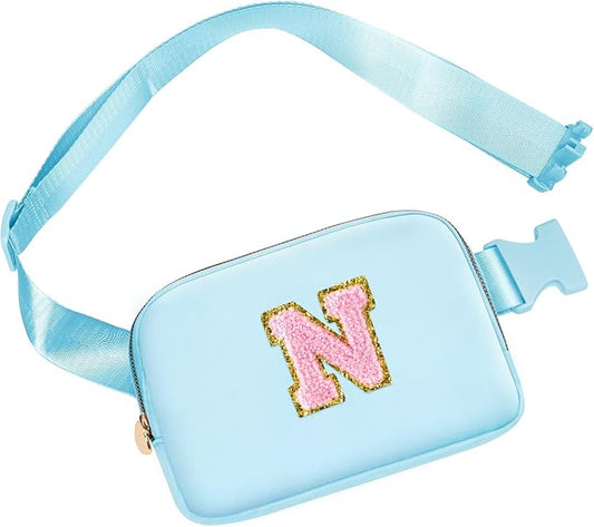 Belt Bag Crossbody Initial Fanny Pack Waist Pack for Teen Girl Gifts, Trendy Stuff for Her Friends 5 6 7 8 9 10 11 12 13 Year Old Birthday Gift, Anniversary Easter Gifts Preppy (Blue,N)