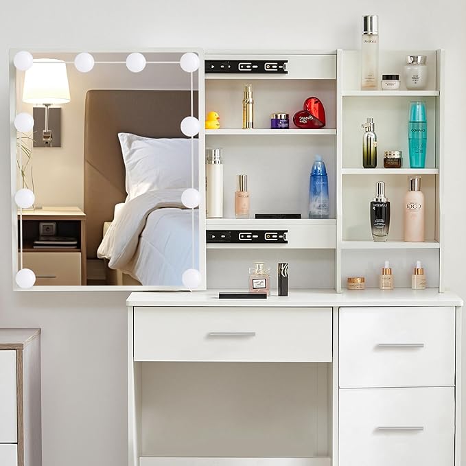 Small Vanity Desk with Mirror and Lights, Makeup Vanity Set with Stool and Drawers, 3-Color Lighted Mirror, Adjustable Brightness, Modern White Vanity Table for Bedroom, Gifts for Girls & Women