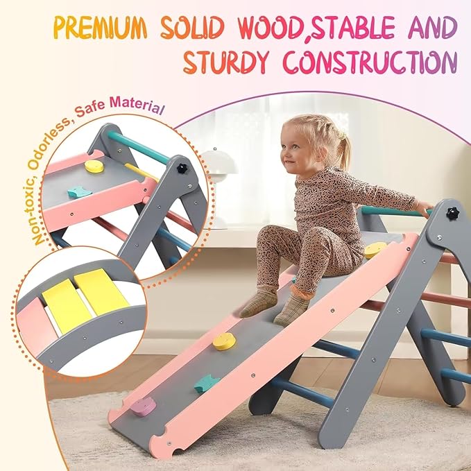 Pikler Triangle Set with Cushion, 7 in 1 Toddler Climbing Toys Indoor, Montessori Foldable Climbing Set, Wooden Climbing Toys for Toddlers Inside with Ramp, Arch and Ladder (Rainbow with Blue)