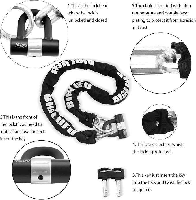 BIGLUFU Motorcycle Lock Chain Locks with 4Keys 16mm U Lock, 150cm/5ft Heavy Duty Long Chain, Cut Proof 12mm Thick Chains, Ideal for Motorcycles, Motorbike, Bike, Generator, Gates, Bicycle, Scooter