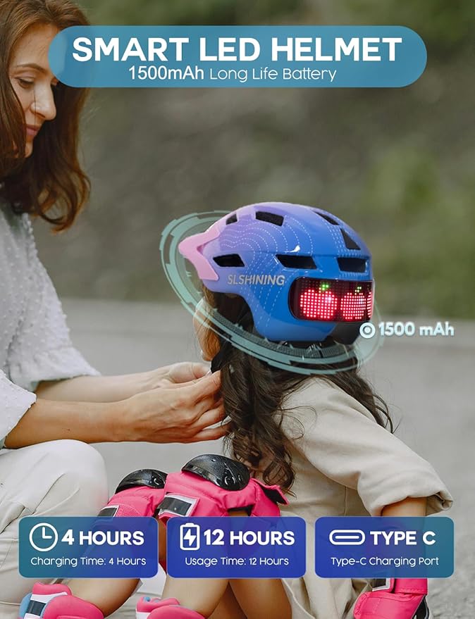 Kids Helmet - Toddler Bike Helmet with LED Turnning/Stop Signals & Customizable Display - Breathable Lightweight Boy/Girl Helmet for Skateboard, Roller Skate, Scooter