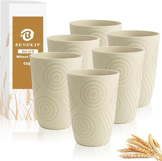 Wheat Straw Cups 6 PCS - 16 OZ Cup Set, Unbreakable Drinking Glasses, Kids Cup Set for Kitchen, Alternative to Plastic Cups Reusable Dishwasher Safe Water Tumbler (Beige)