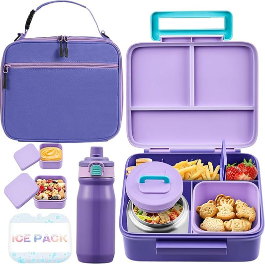 Bento Lunch Box for Kids with Thermos, Leakproof Bento Box with 8oz Insulated Food Jar, Insulated Bottle, Lunch Bag, BPA Free Dishwasher Safe 4 Compartment Container for School Girls Boys (Purple)