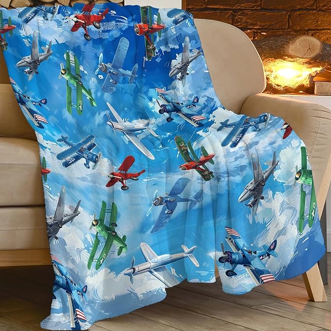 Airplane Blanket Cute Aircraft Plane Throw Blanket Gifts for Girls Women Kids Boys Adults Men Super Soft Cozy Plush Fluffy Fuzzy Fleece Blanket Home Decor 50''X60''