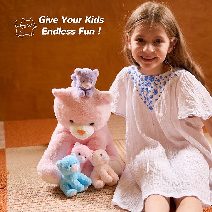 5 Pieces Cat Stuffed Animals for Girls, 1 Mommy Cat with 4 Babies, Soft Plush Cat Toy Set for Kids 3-9, Gifts for Christmas, Birthday, Children's Day, Valentine's