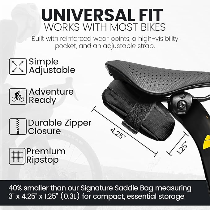 Compact Bike Saddle Bag – Midnight Black (Small) | 0.3L Bike Seat Bag (3" x 4.25" x 1.25") | Water-Resistant Ripstop, Waterproof Zipper, Internal Pocket | Durable Under Seat Storage