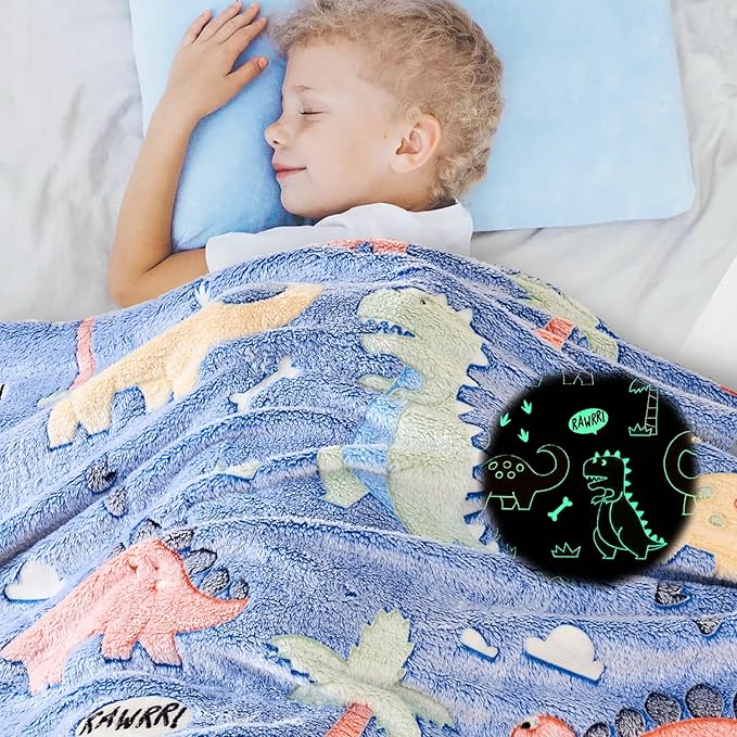 Wajade Dino Gifts Toys for Boys Girls - Glow in The Dark Dinosaur Blanket Birthday Christmas Decor for Kids Age 3 4 5 6 7 8 9 10 11 12 Years Old Teens Child Toddler Throw Colorful 50"x60"