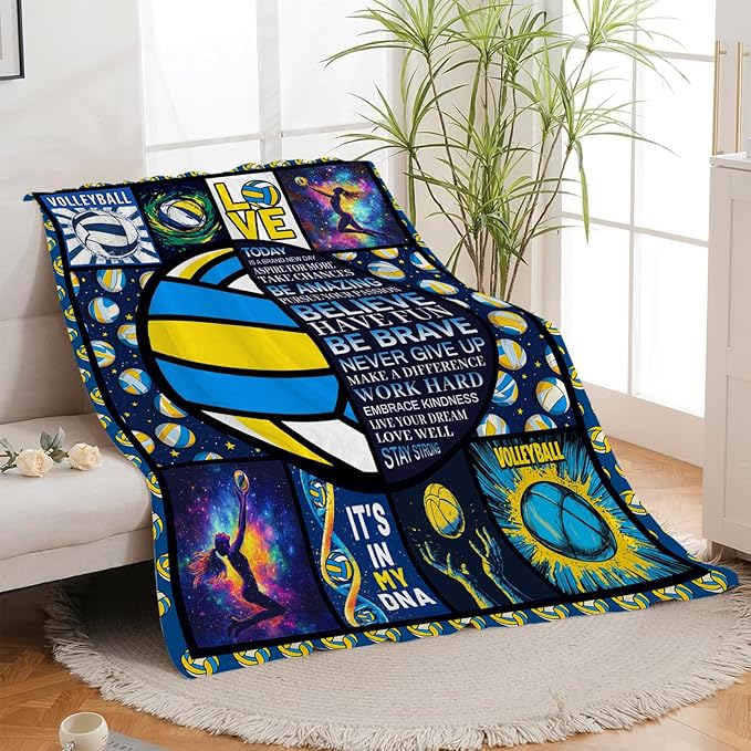 Volleyball Blanket, Blue Volleyball Throw Blanket, Volleyballs Gifts Blankets Stuff Fleece Flannel Plush for Men Boys Women Girls Lovers Adults Soft Bedding Gift for Sofa Bed Office Home Decor 60"x50"