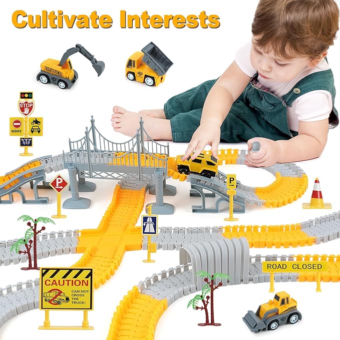 BEMITON Construction Race Track Toys for Kids - Birthday Gift for 3 4 5 6 7 Year Old Boys, 330+ PCS Track Playset with Electric Cars and Construction Trucks, DIY Engineering Road Building Sets