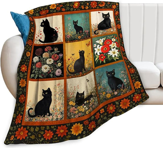 Cat Blanket, Black Cat Throw Blanket, Floral Gifts Blankets Stuff Fleece Flannel Plush for Women Men Boys Girls Lovers Adults Soft Bedding Gift for Sofa Bed Office Home Decor 50"x40"