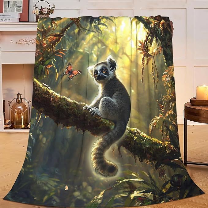 Lemur Blanket Lemurs Lovers Gifts Cozy Plush Rainforest Animal Throw Blankets Fuzzy Flannel Fleece for Girls Boys Women Men 80"X60"