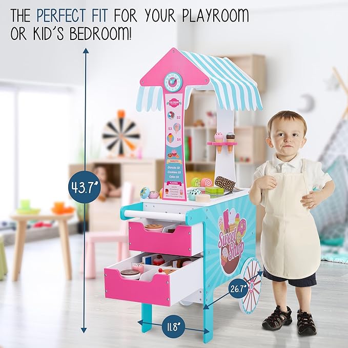 Lil’ Jumbl Wooden Sweet Treats Playset, Kids Play Pretend Dessert Stand Push Cart w/ 20+ Ice Cream Cone, Popsicle & Cupcake Accessories, Food Displays, Awning, Freezer, Storage Drawers, Clock & Menus