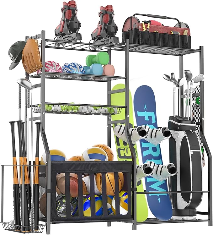 Garage Sports Equipment Organizer, Strong Load Bearing Golf Bag Organizer, Multi Use Golf Ball Rack Basketball Rack for Sports Gear and Outdoor Toy Ball Storage