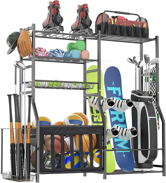 Garage Sports Equipment Organizer, Strong Load Bearing Golf Bag Organizer, Multi Use Golf Ball Rack Basketball Rack for Sports Gear and Outdoor Toy Ball Storage