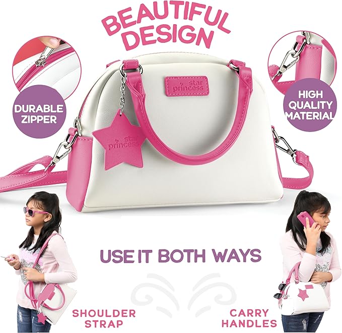 Star Princess Pretend Play Purse Set for Girls - Realistic Purse with Accessories: Toy Phone, Wallet, Credit Cards, Keys, Makeup for Role Playing Toys for Girls Ages 3-8