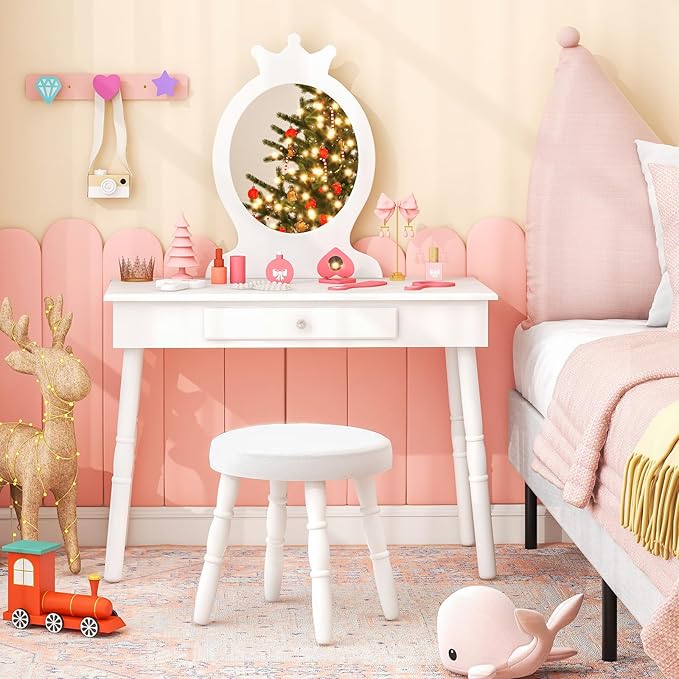 HONEY JOY Kids Vanity, Crown Shape Princess Makeup Dressing Table and Chair Set w/Drawer, Cushioned Toddler Vanity Stool, Real Glass Mirror, Wooden Little Girls Vanity Set with Mirror and Stool(White)