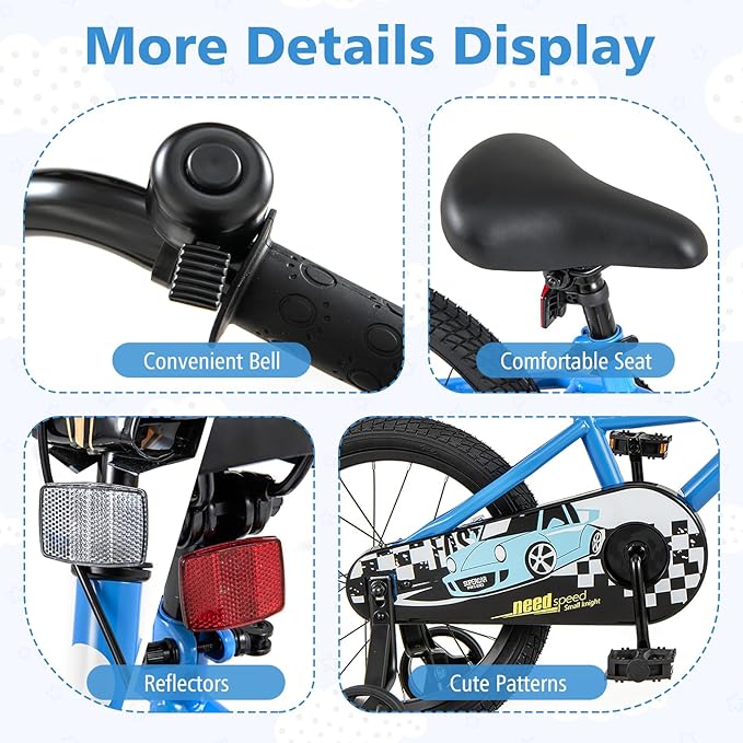 BABY JOY Kids Bike, 12 14 16 18 Inches Car Pattern Sporty Bicycle w/Removable Training Wheels, Hand & Coaster Brakes, Adjustable Seat & Handlebar, Girls Boys Bike