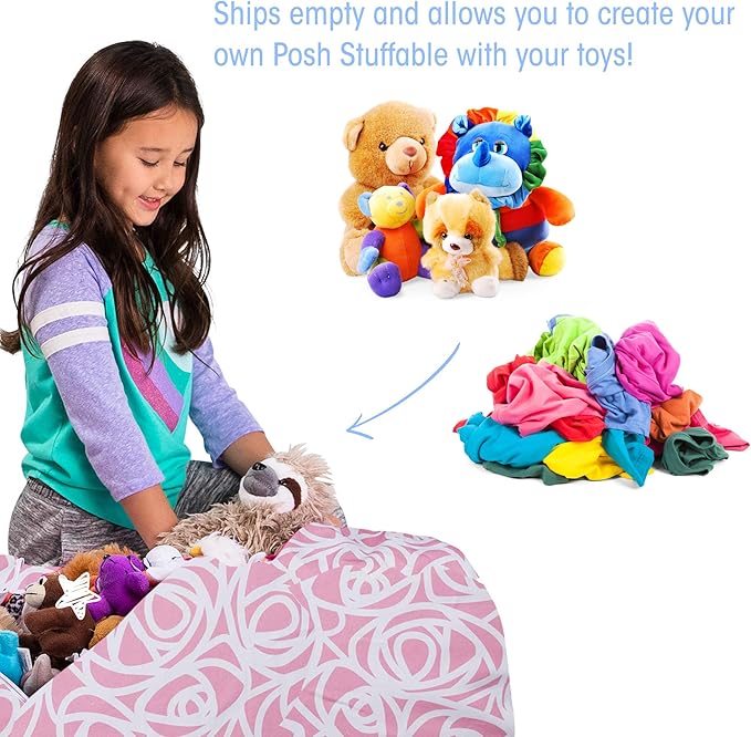 Posh Creations Kids Stuffed Animal Storage Bean Bag Chair Cover - Childrens Toy Organizer, Large-38in, Canvas Roses Pink