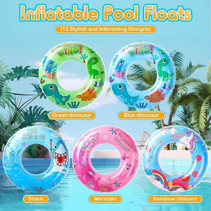 10 Pcs Inflatable Pool Floats Tubes for Kids 23.6 Inches Swim Ring Floaties Pool Tube Dinosaur Sea Animal Fruit Mermaid Unicorn Swim Rings for Kids Adults Summer Swimming Lake Beach Party