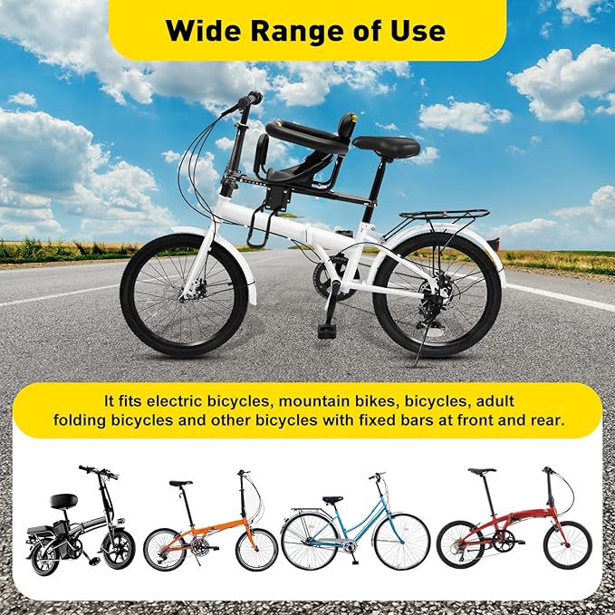 Gdrasuya10 Portable Bicycle Front Mounted Baby Seat Lightweight Child Bicycle Safety Seat Padded Saddle Kids Saddle Carrier Seat Cushion with Foot Pedal