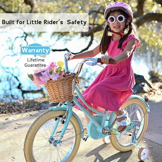 Glerc Little Molly 12-20 Inch Kids Retro Cruiser Bike for 2-13 Year Old with Wicker Basket & Training Wheels/Kickstand, Multiple Colors