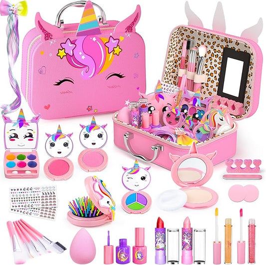 Little Girls Makeup Kit, Pretend Make Up for Kids, Princess Play Makeup Set, Toddler Toy Real Washable Cosmetic Set & Nail Kit Birthday Gift for Ages 3 4 5 6 7 8 9 10-12 Year Old, Bright Pink