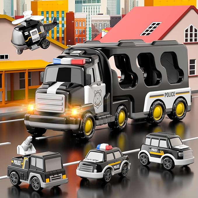 Bennol Toddler 5 in 1 Police Truck Toys for 1 2 3 4 5 Year Old Boys, Police Rescue Vehicles Car Trucks Bus Helicopter for Kids Ages 1-3 3-5, Car Toys for 1 2 3 4 5 Year Old Boys Girls Birthday Gifts