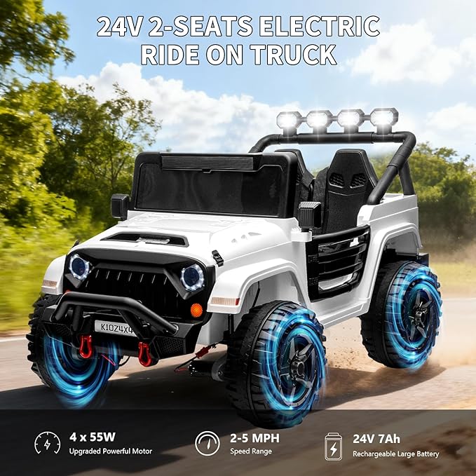 24V Ride on Toys for Kids, 2 Seater Electric Ride on Car w/Remote Control, 4 Powerful Motors, 4WD/2WD, 3 Speeds, Led Lights, Bluetooth, Ride on Truck for Kids Toddler, White