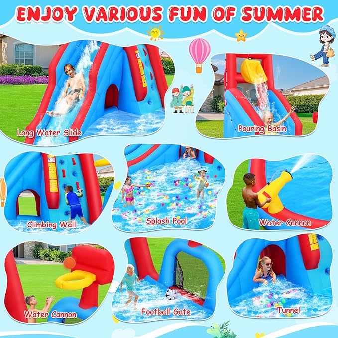 ROOJER Inflatable Water Slide for Kids Backyard 9-in-1 Blow Up Water Park with 470W Blower, Dump Bucket, Adventure Play Tunnel, Splash Pool, Climbing Wall, Cannon, Goal Shooting Zone, Basketball Hoop