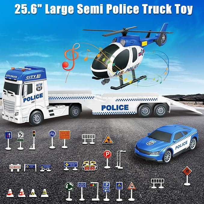 Large Police Car Toy for Kids Boys - 25'' Semi Truck Toy with Racing Car and Helicopter - Police Toys Birthday Gift for Kids Toddlers 3 4 5 6 Year Old, Play Vehicles with Light and Sound