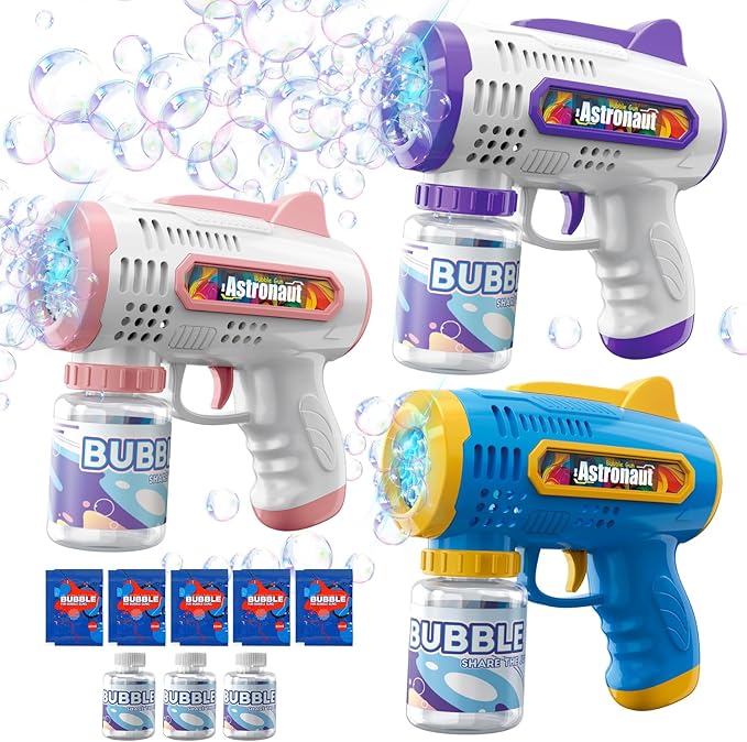 3 Pack Bubble Guns with Bubbles Solution: Automatic Bubble Maker Machine for Boys Girls, Bubble Guns Outdoor Toys for Toddlers, Party, Wedding Birthday Gifts for Ages 3 4 5 6 7 8 Year Old Kid