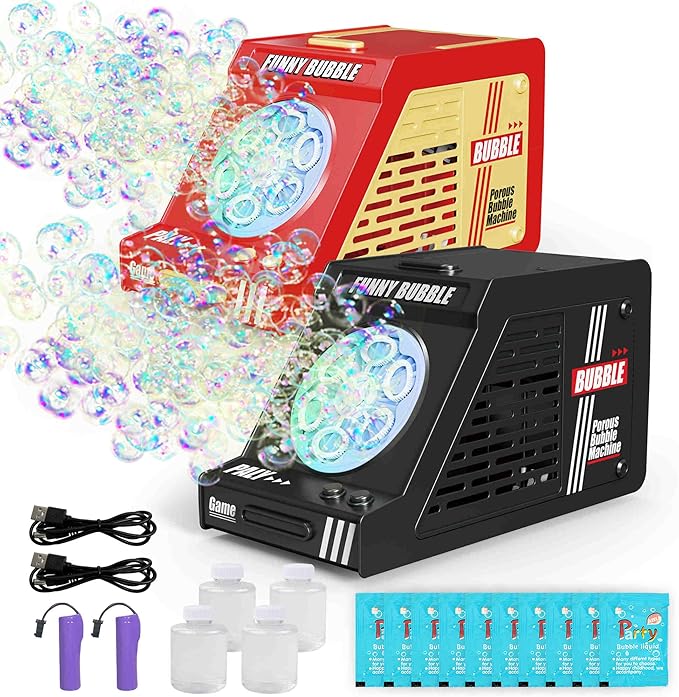 2PCS Bubble Machine,Automatic Bubble Blower Operated by Plugin or Rechargeable Batteries,Big Bubbles Toys for Kids,Weddings Gifts Party Favors (Black+Red)