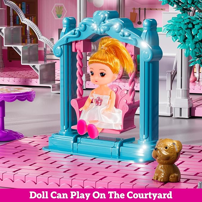 Villa Playset for Girls Ages 3-7, 4-Story 12 Room House with 2 Dolls, Furniture and Accessories, Indoor Playset Girls Toys for Ages 6-8, Pretend Toddler Toy, Birthday Gifts for Kids 4-8