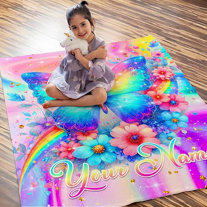 Personalized Blanket for Girls Age 6-8, Butterfly Throw Blankets Gift for Kids Teens Butterfly Lovers, Custom 50"x40" Flannel Throws for Couch Sofa Bed Travel