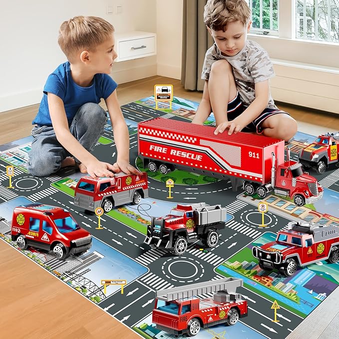 Fire Toys for 3 4 5 6 Years Old Boys Girls Kids, Die Cast Metal Fire Truck Toys W/Play Mat, Rescue Emergency Fire Truck Car Toy, Toddler Car Toy Christmas Birthday Gifts for Boys