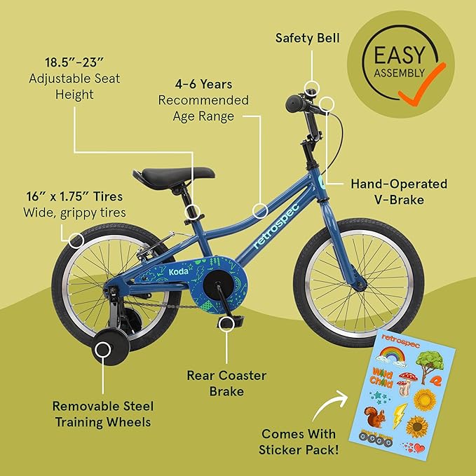 Retrospec Koda Plus Kids Bike for Boys & Girls Ages 4-6 Years - 16" Children's Bicycle, Adjustable Seat & Handlebars