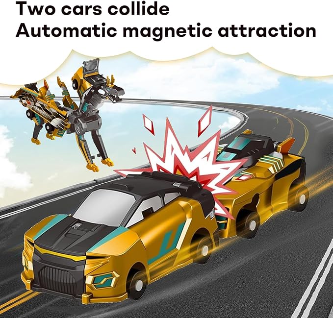 2-in-1 Transforming Race Car Dinosaur Toy DinoDrive – Automatic Transforming Car into Dinosaur, Educational Toys for Boys & Girls, Crash Action & Lights, for Kids(Golden)