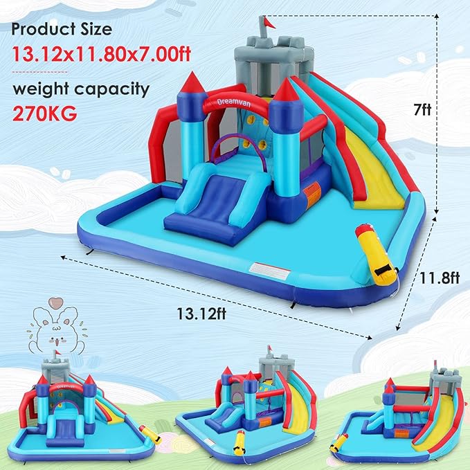 AKEYDIY Inflatable Bounce House,12in1 Bounce Castle Slide Park for Kids 3-12, Royal Blow Up Bounce Houses w/Long Slide,Climbing Wall,Inflatable Water Park for Kids Indoor Outdoor Party