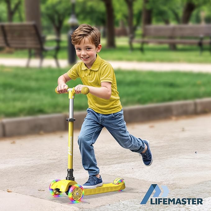 Lifemaster Mini 3-Wheel Kids Scooter with Multi-Color Wheel Lights – 4-Height Adjustable Handlebar, Wide Anti-Slip Deck, Child Safety Certified, Boys & Girls Ages 2+ Supports Up to 110 lbs
