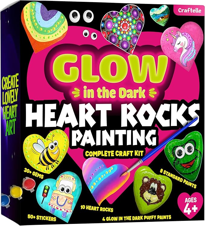 Hearts Rock Painting Kit for Kids - Glow in The Dark - Arts and Crafts for Girls Ages 4-12 – Easter Gifts for Girls Art Toys Kids Craft Kits – Birthday Gifts for 5 6 7 8 9 10 11 12 Year Old Girl