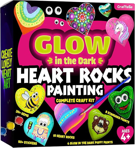 Hearts Rock Painting Kit for Kids - Glow in The Dark - Arts and Crafts for Girls Ages 4-12 – Easter Gifts for Girls Art Toys Kids Craft Kits – Birthday Gifts for 5 6 7 8 9 10 11 12 Year Old Girl