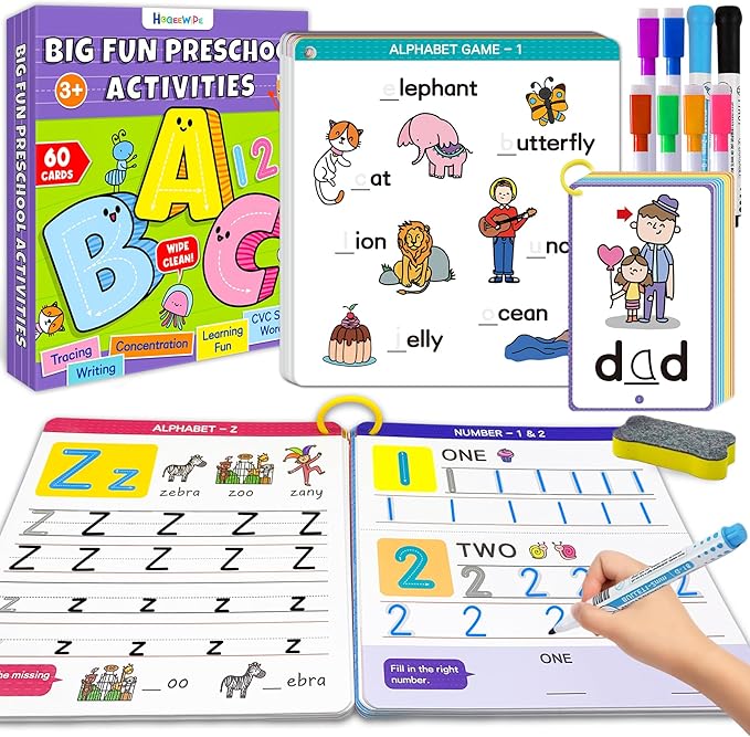 Preschool Learning Activities - Reusable Handwriting Tracing Books for Kids, PreK Kindergarten Workbooks, CVC Word Game, Numbers & Alphabet Educational Learning Toys for 3, 4, 5, 6 Year Old