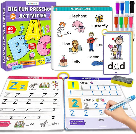 Preschool Learning Activities - Reusable Handwriting Tracing Books for Kids, PreK Kindergarten Workbooks, CVC Word Game, Numbers & Alphabet Educational Learning Toys for 3, 4, 5, 6 Year Old