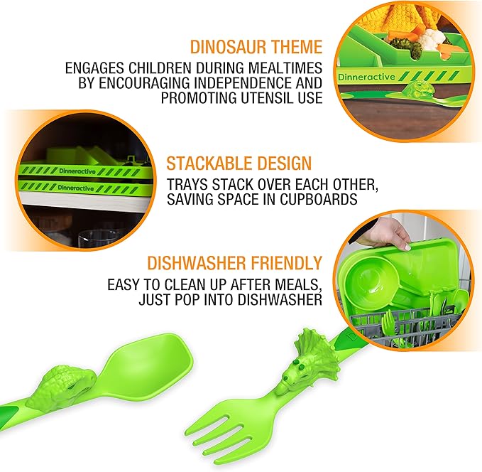 Dinneractive Dining Set For Kids - 3PC Green Dinosaur Dinnerware - Dinosaur Utensils - Toddler Plates - Baby Dishes