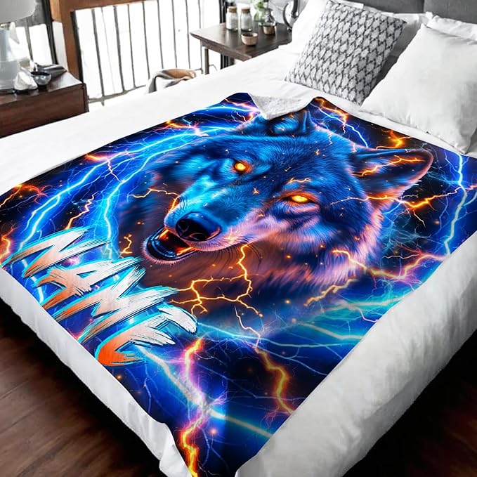 Personalized Wolf Blanket for Boys, Throw Blanket with Custom Name for Kids Son 30x40 Inches Small Lightweight Soft All Season Throw for Sofa Chair Trip Car Office