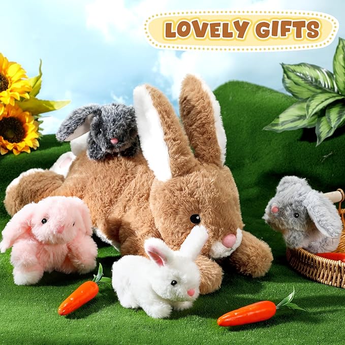 Syhood 5-Piece Bunny Stuffed Animal Set: Mommy Bunny Plush Doll with 4 Babies - Cute Fluffy Plush Rabbits for Huggable Sleeping, Holiday, Birthday Gifts